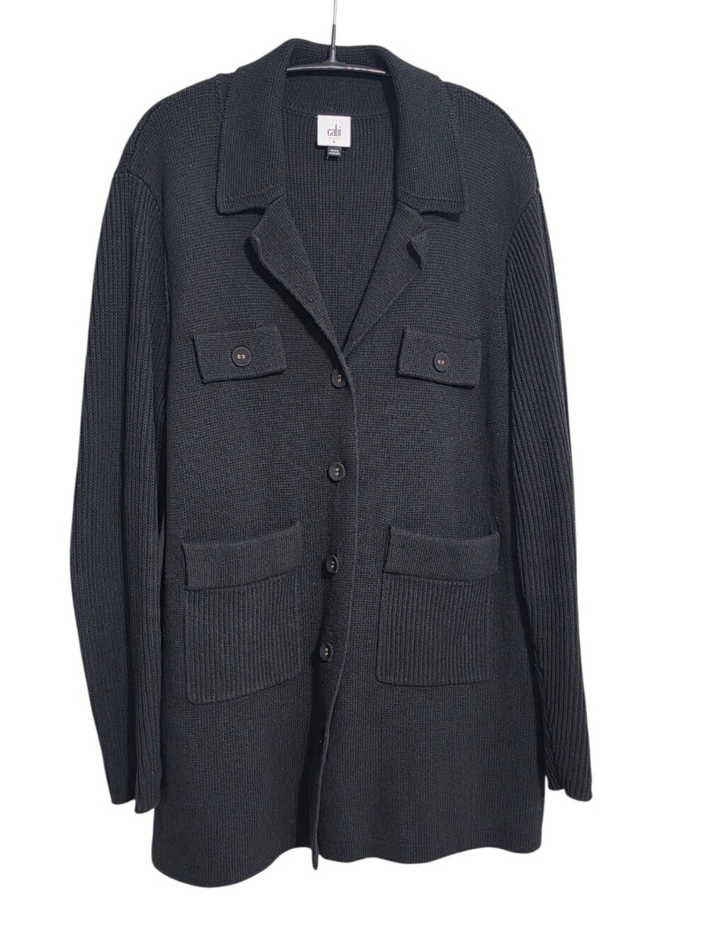 Cabi Black Ribbed Long Cardigan Sweater L Heavy Button Up